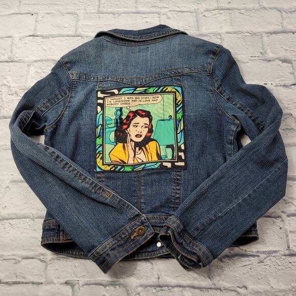 Upcycled Embellished One World Retro Comic Panel Denim Jacket size Small - Picture 1 of 12